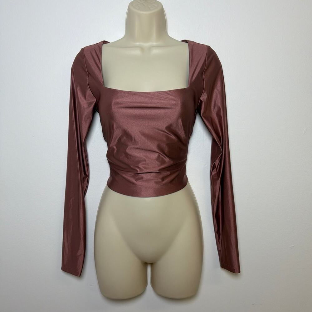 Aritzia Babaton Satinette Square Neck Long Sleeve Top Epicurean Brown Size M